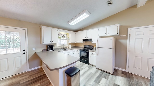 kitchen featuring black electric range, white refrigerator, kitchen peninsula, vaulted ceiling, and white cabinets