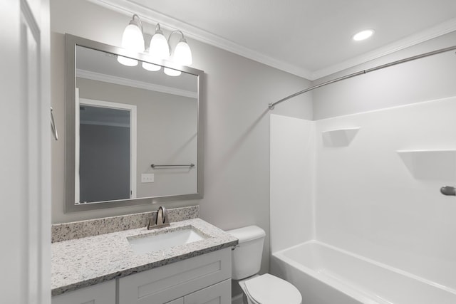 full bathroom with toilet, vanity, tub / shower combination, and ornamental molding