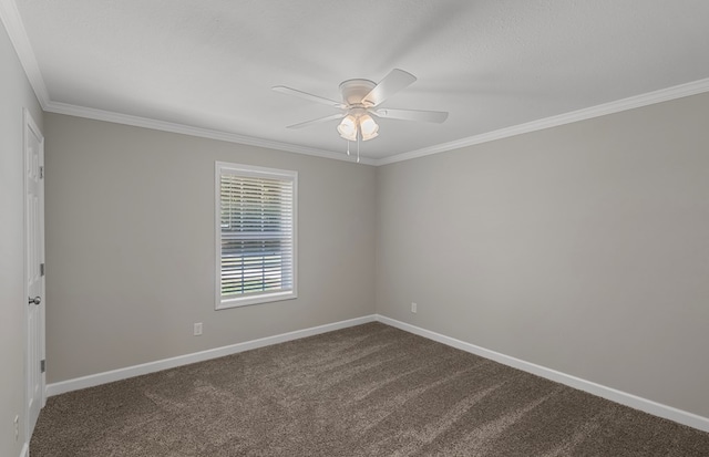 spare room with carpet, ceiling fan, and ornamental molding