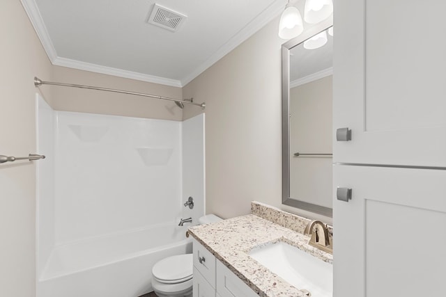 full bathroom with shower / bathing tub combination, vanity, toilet, and ornamental molding