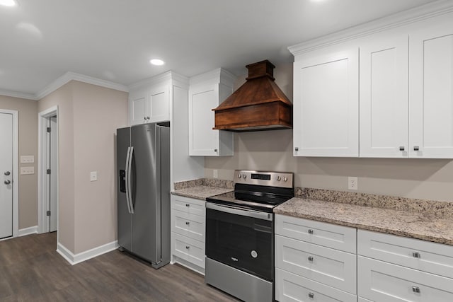 kitchen with premium range hood, crown molding, dark hardwood / wood-style flooring, white cabinetry, and stainless steel appliances