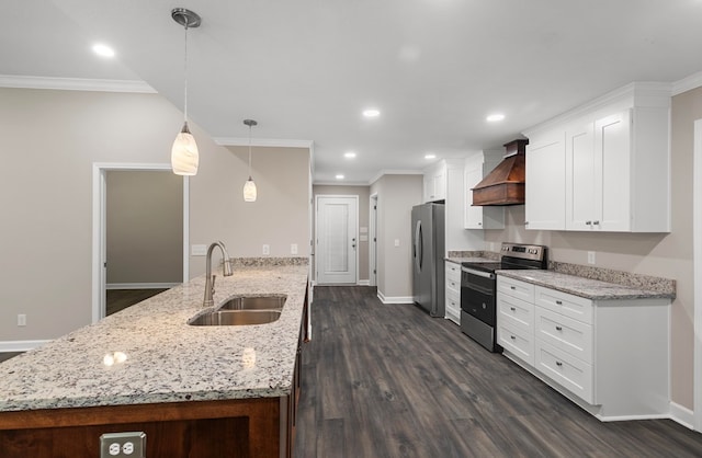 kitchen with sink, dark wood-type flooring, stainless steel appliances, white cabinets, and custom range hood