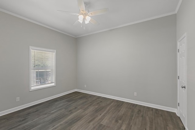 spare room with dark hardwood / wood-style flooring, ceiling fan, and ornamental molding