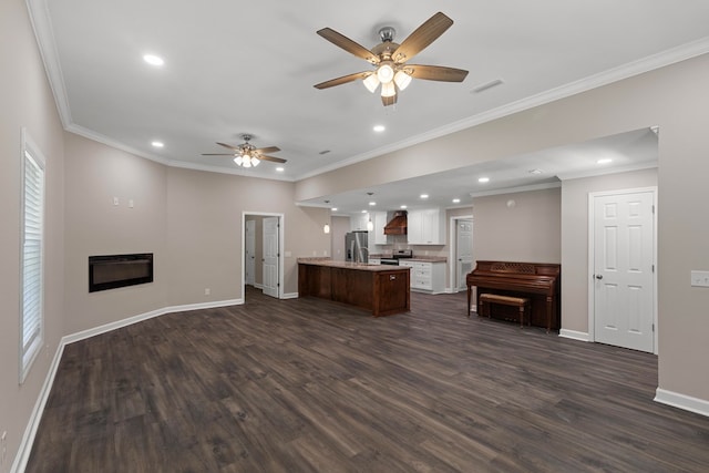 unfurnished living room featuring crown molding, ceiling fan, and dark wood-type flooring