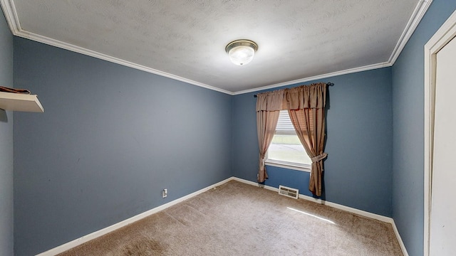 carpeted spare room with crown molding and a textured ceiling