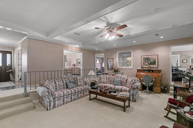 1764 John D Odom Rd, Dothan, AL 36303 - carpeted living area featuring a ceiling fan, beam ceiling, crown molding, recessed lighting, and a textured ceiling