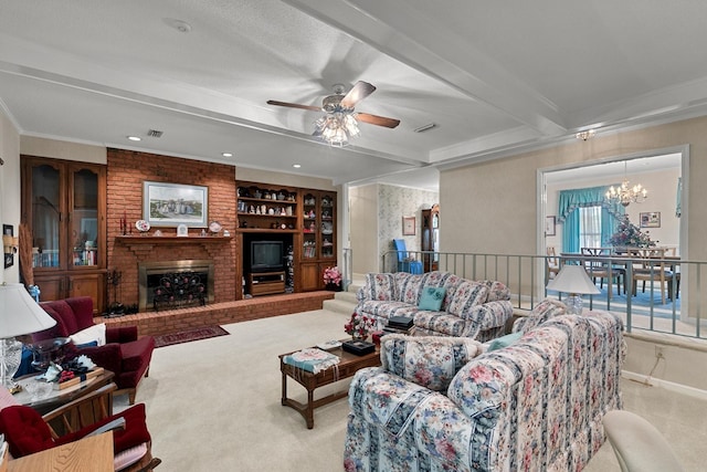 1764 John D Odom Rd, Dothan, AL 36303 - living room featuring carpet floors, a chandelier, ceiling fan, crown molding, and a brick fireplace