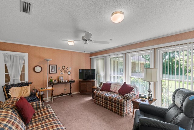 1764 John D Odom Rd, Dothan, AL 36303 - carpeted living room featuring healthy amount of natural light, a ceiling fan, crown molding, and a textured ceiling