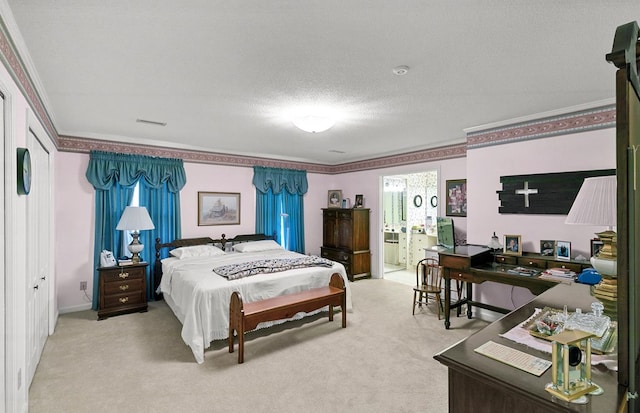 1764 John D Odom Rd, Dothan, AL 36303 - bedroom with light carpet, a textured ceiling, ensuite bathroom, and crown molding