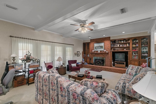 1764 John D Odom Rd, Dothan, AL 36303 - carpeted living area featuring plenty of natural light, beam ceiling, ceiling fan, a brick fireplace, and ornamental molding