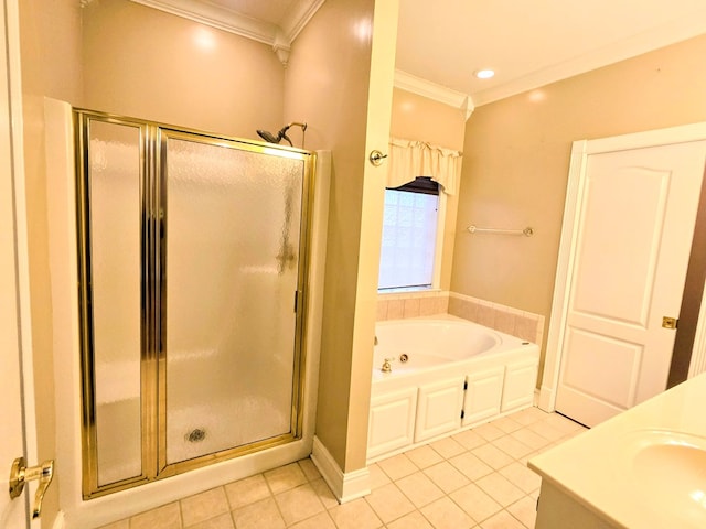 2230 W County Road 16, Headland, AL 36345 - full bath featuring crown molding, a garden tub, a shower stall, and tile patterned floors