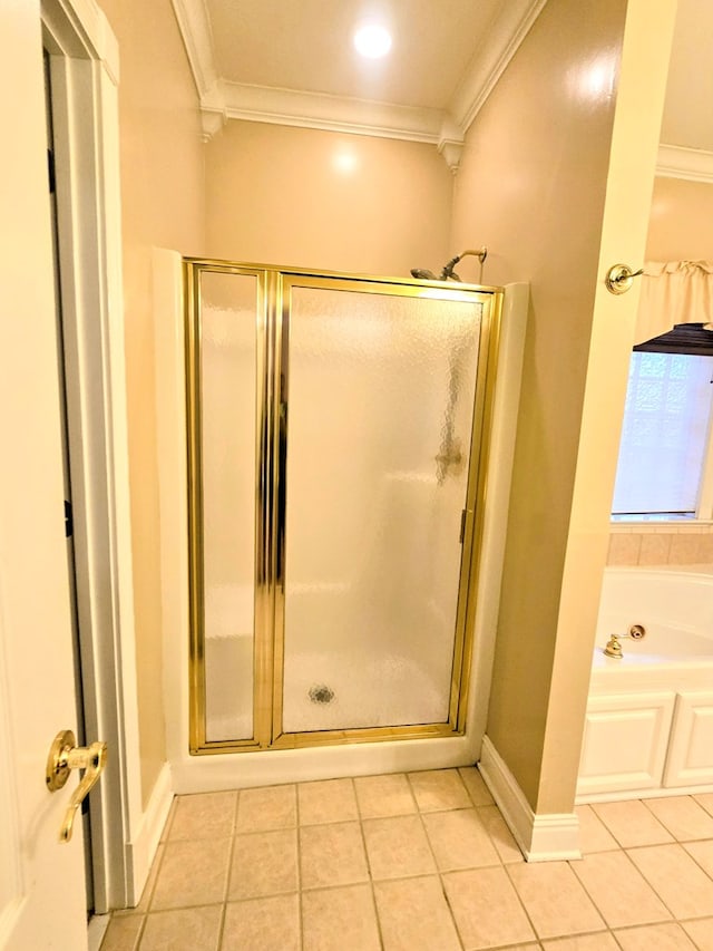 2230 W County Road 16, Headland, AL 36345 - full bathroom with a stall shower, a garden tub, tile patterned flooring, and crown molding