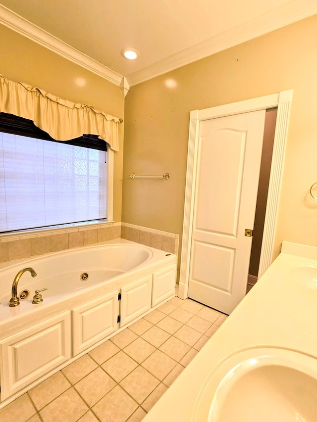 2230 W County Road 16, Headland, AL 36345 - bathroom featuring crown molding, a sink, double vanity, a whirlpool tub, and tile patterned flooring