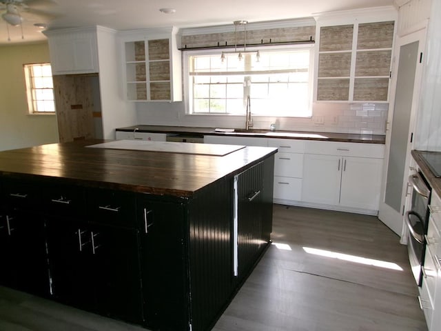 5559 N County Road 69, Newton, AL 36352 - kitchen featuring wood counters, tasteful backsplash, light wood-style floors, dark cabinets, and a center island