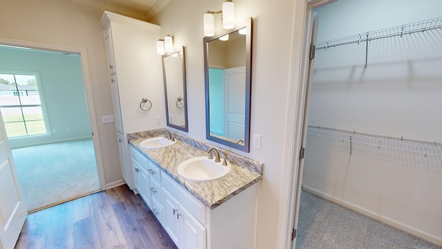 bathroom with crown molding, hardwood / wood-style floors, and vanity