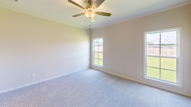 spare room featuring light colored carpet, plenty of natural light, and ornamental molding