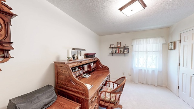 office area featuring carpet floors and a textured ceiling