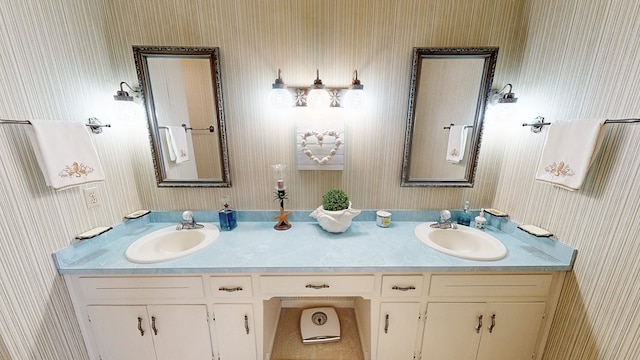 full bathroom featuring wallpapered walls and double vanity