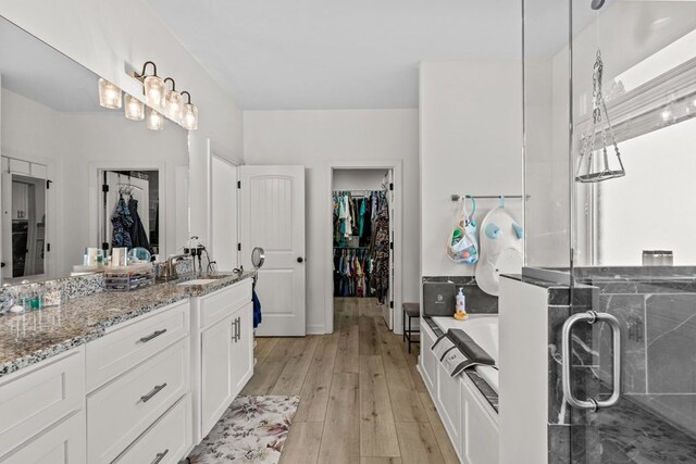 213 Archer Trl, Enterprise, AL 36351 - bathroom with vanity, a garden tub, a spacious closet, hardwood / wood-style flooring, and a shower stall
