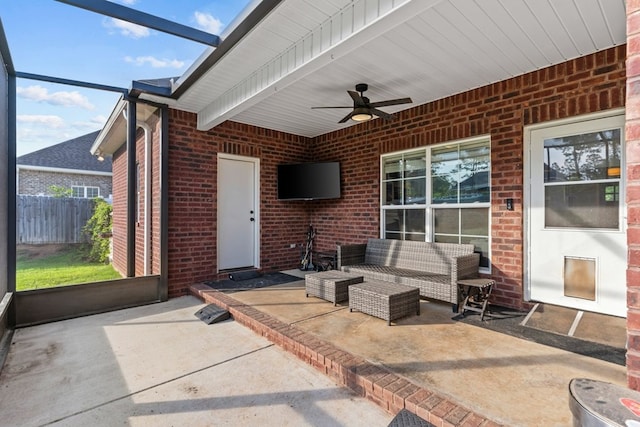 213 Archer Trl, Enterprise, AL 36351 - view of patio featuring glass enclosure, fence, ceiling fan, and an outdoor living space