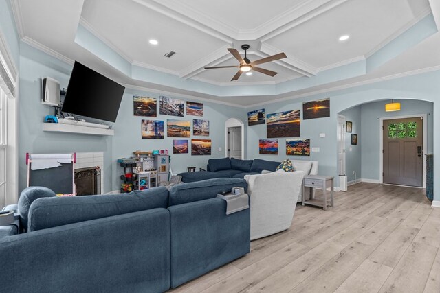 213 Archer Trl, Enterprise, AL 36351 - living room with crown molding, arched walkways, coffered ceiling, and a fireplace