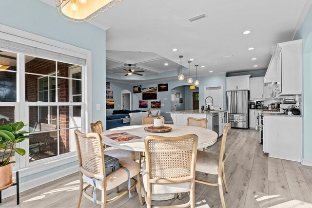 213 Archer Trl, Enterprise, AL 36351 - dining room with recessed lighting, light wood-style floors, ornamental molding, and coffered ceiling