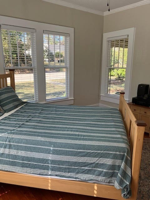 bedroom with ornamental molding and multiple windows