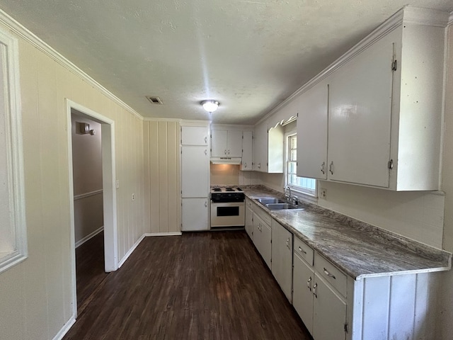 402 Reid Dr, Dothan, AL 36301 - kitchen with electric stove, dark wood-style floors, ornamental molding, white cabinets, and under cabinet range hood