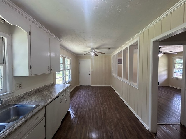 402 Reid Dr, Dothan, AL 36301 - kitchen featuring ceiling fan, dark wood-style floors, ornamental molding, a textured ceiling, and white cabinetry