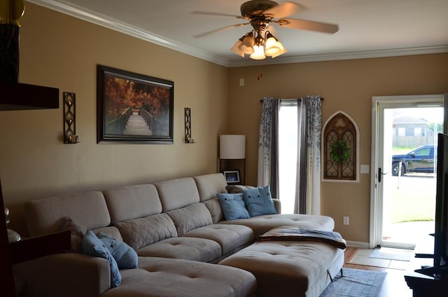 124 Whitney Ave, Enterprise, AL 36330 - living area featuring ceiling fan, light wood finished floors, and ornamental molding
