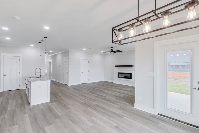 1919 Silcox Rd, Ashford, AL 36312 - unfurnished living room featuring crown molding, a sink, a ceiling fan, light wood finished floors, and a glass covered fireplace