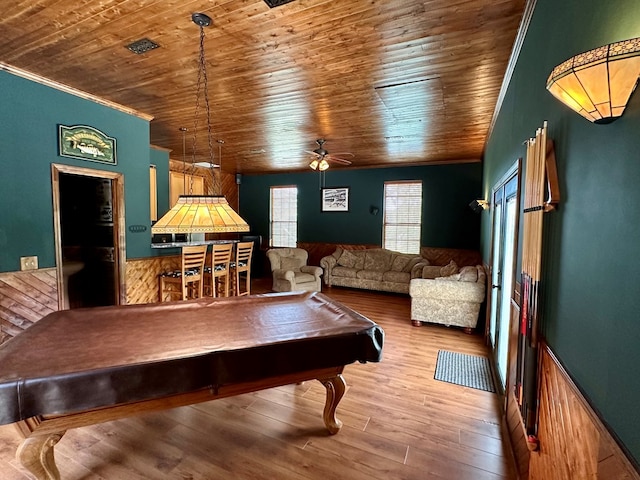 426 Walker Rd, Ozark, AL 36360 - game room with pool table, wood ceiling, ornamental molding, ceiling fan, and wood finished floors
