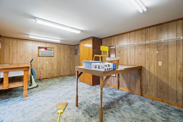 902 Moss St, Dothan, AL 36301 - rec room featuring carpet floors, wooden walls, baseboards, and a wall mounted AC