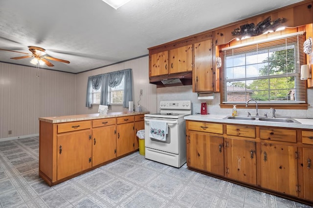 902 Moss St, Dothan, AL 36301 - kitchen featuring white range with electric stovetop, a sink, a peninsula, under cabinet range hood, and light countertops