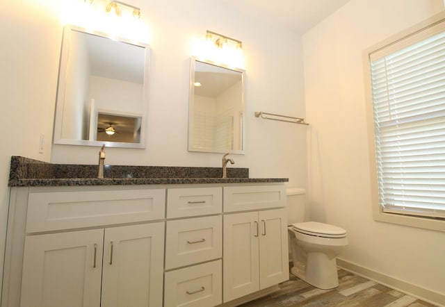 bathroom with hardwood / wood-style floors, vanity, and toilet