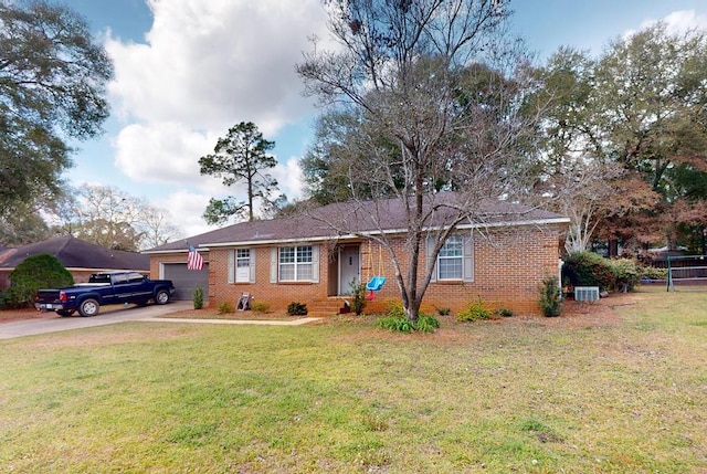 single story home with a garage, driveway, brick siding, and a front yard