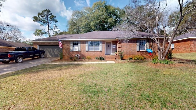 single story home with an attached garage, driveway, a front yard, and brick siding