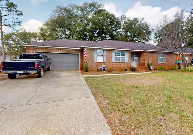 ranch-style house featuring a garage, driveway, brick siding, and a front lawn