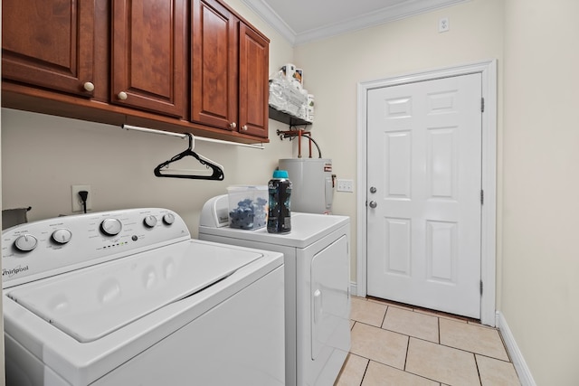 115 Brittany Dr, Dothan, AL 36301 - laundry room featuring cabinet space, washing machine and dryer, ornamental molding, water heater, and light tile patterned flooring