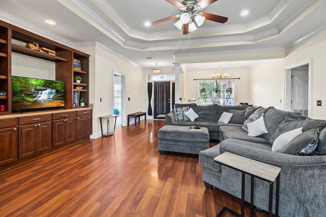 115 Brittany Dr, Dothan, AL 36301 - living room featuring plenty of natural light, dark wood-style floors, a chandelier, crown molding, and a ceiling fan