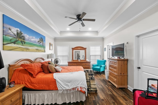 1908 Baxter Rd, Ashford, AL 36312 - bedroom with dark wood-type flooring, a raised ceiling, crown molding, and ceiling fan