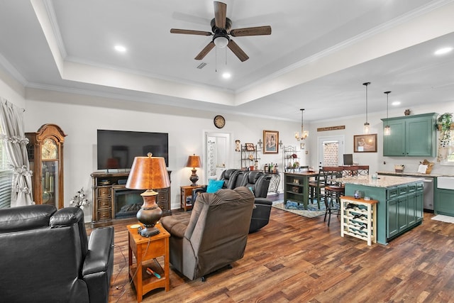 1908 Baxter Rd, Ashford, AL 36312 - living room with a tray ceiling, dark wood-type flooring, ceiling fan, ornamental molding, and recessed lighting