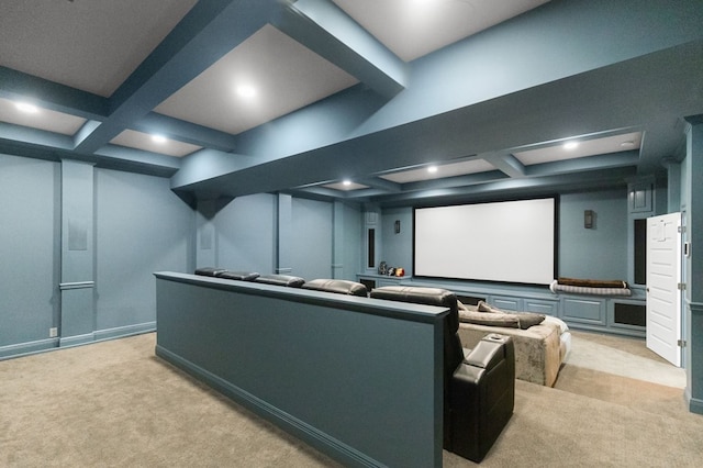 cinema featuring beamed ceiling, light colored carpet, and coffered ceiling