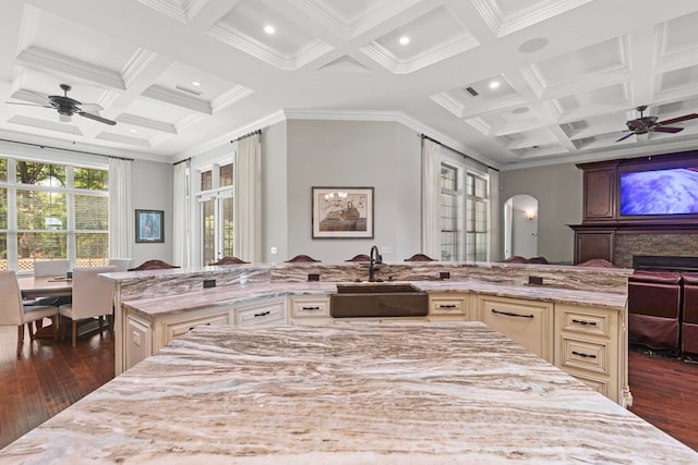 kitchen with a ceiling fan, arched walkways, dark wood-style flooring, a sink, and open floor plan