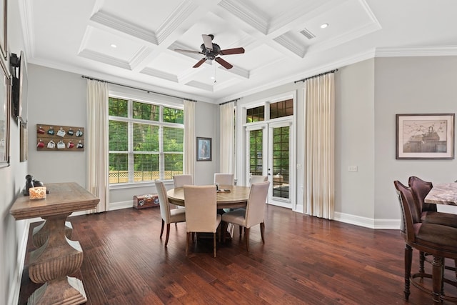 dining area featuring a ceiling fan, dark wood-style floors, and ornamental molding