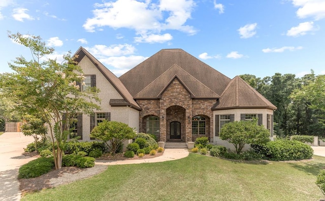 view of front of home with a front yard, brick siding, stone siding, and roof with shingles