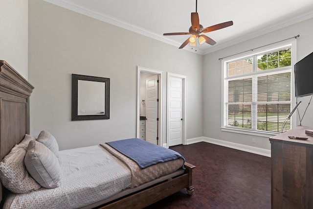 bedroom featuring multiple windows, baseboards, ornamental molding, and dark wood-style flooring