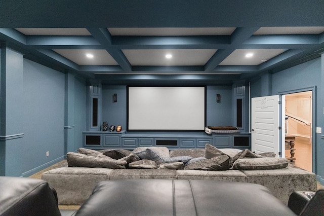 cinema with beam ceiling, baseboards, and coffered ceiling