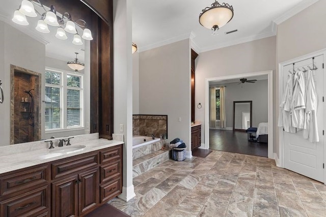 bathroom with baseboards, ornamental molding, a bath, vanity, and a ceiling fan