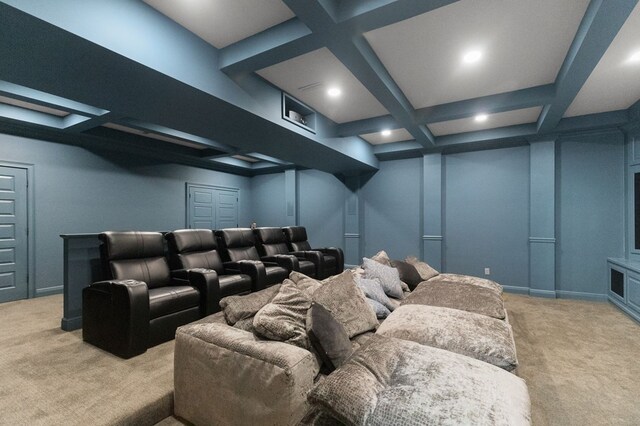 cinema featuring baseboards, light carpet, beam ceiling, recessed lighting, and coffered ceiling